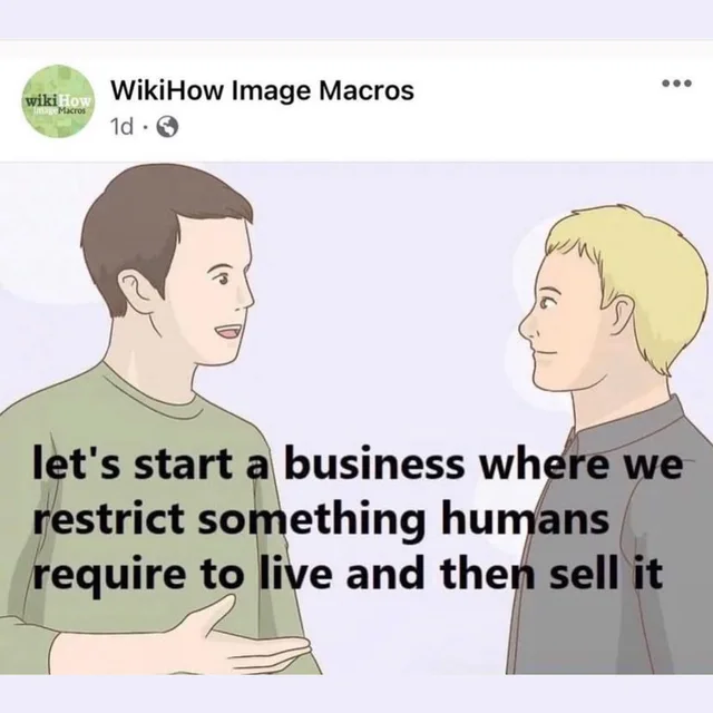 Facebook post from WikiHow Image Macros, posted 1d ago. A WikiHow-style drawing of a brown-haired man in a green sweater talking to a blond man in a gray shirt. Text over them: "let's start a business where we restrict something humans require to live and then sell it"