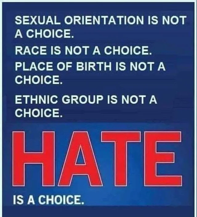 Blue graphic with white text: "SEXUAL ORIENTATION IS NOT A CHOICE. RACE IS NOT A CHOICE. PLACE OF BIRTH IS NOT A CHOICE. ETHNIC GROUP IS NOT A CHOICE." Below, in huge red outlined letters: "HATE". At the bottom in white: "IS A CHOICE."