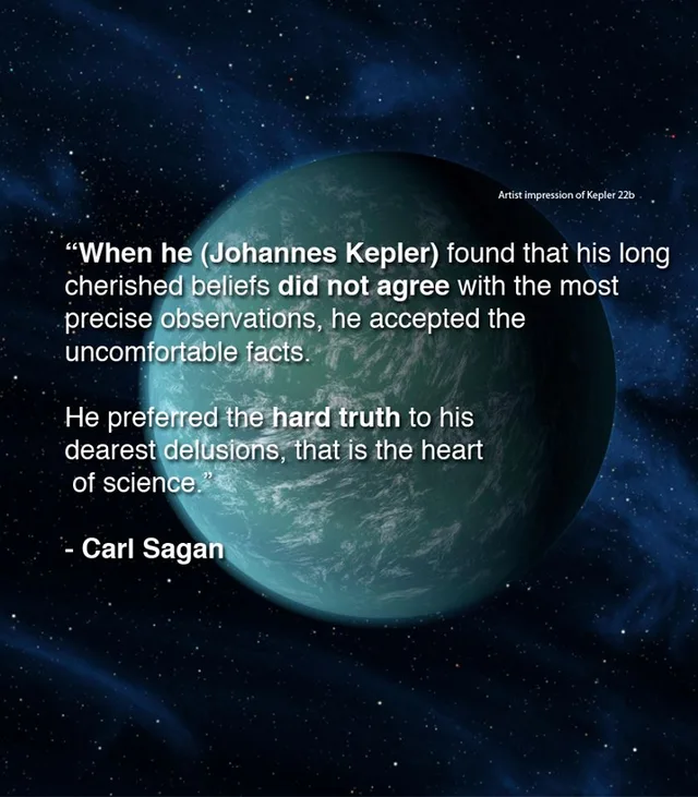 An artist's rendering of a blue-green cloudy planet against a starry dark blue space background, captioned "Artist impression of Kepler 22b". White text reads: "When he (Johannes Kepler) found that his long cherished beliefs did not agree with the most precise observations, he accepted the uncomfortable facts. He preferred the hard truth to his dearest delusions, that is the heart of science." - Carl Sagan