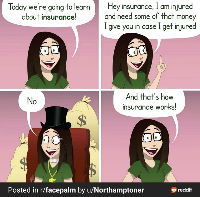 Four-panel comic of a woman with long dark hair, glasses and a green shirt on a pink background. Panel 1: "Today we're going to learn about insurance!" Panel 2, finger raised: "Hey insurance, I am injured and need some of that money I give you in case I get injured" Panel 3: she wears a top hat and gold dollar necklace, sits in a red chair with money bags, and says "No". Panel 4: "And that's how insurance works!"…