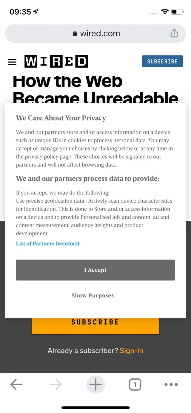Phone screenshot of wired.com at 09:35. Headline: "How the Web Became Unreadable", mostly hidden behind a popup. Popup: "We Care About Your Privacy", a data and cookies consent notice, "List of Partners (vendors)", button "I Accept", link "Show Purposes". Below: "SUBSCRIBE", "Already a subscriber? Sign-In".