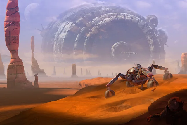 Digital sci-fi painting of an orange desert with tall red rock spires. A rusty, spider-legged wheeled rover climbs a dune. Behind it looms a giant, weathered, ring-shaped spaceship in a hazy purple sky with two moons. A fallen astronaut in a helmet lies in the lower right corner. No text.