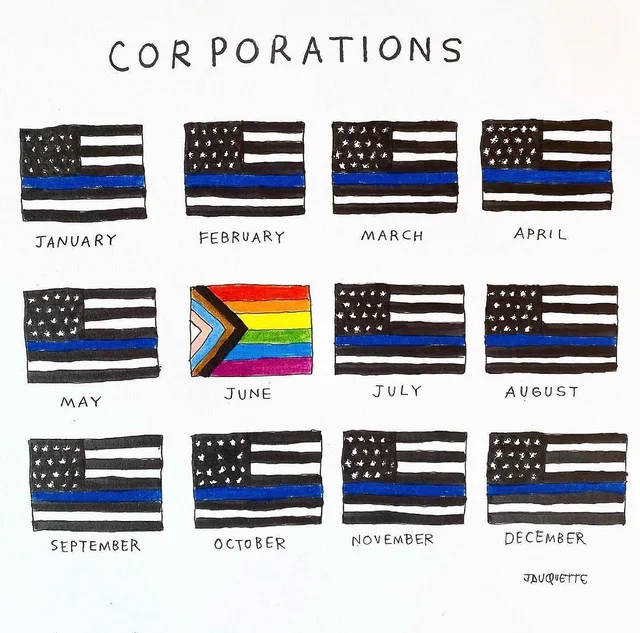 Hand-drawn pen and marker grid of twelve flags labeled by month under the heading "CORPORATIONS". Every month shows a black and white American flag with a blue stripe, except June, which shows a rainbow Progress Pride flag. Months: JANUARY, FEBRUARY, MARCH, APRIL, MAY, JUNE, JULY, AUGUST, SEPTEMBER, OCTOBER, NOVEMBER, DECEMBER. Signed JAUQUETTE.