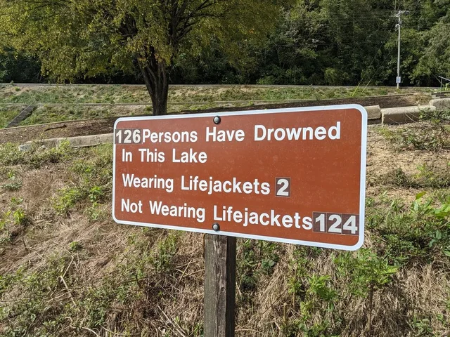 Brown park sign with white text mounted on a wooden post, with trees and weeds behind it. It reads: "126 Persons Have Drowned In This Lake. Wearing Lifejackets 2. Not Wearing Lifejackets 124." The numbers are on removable tiles.