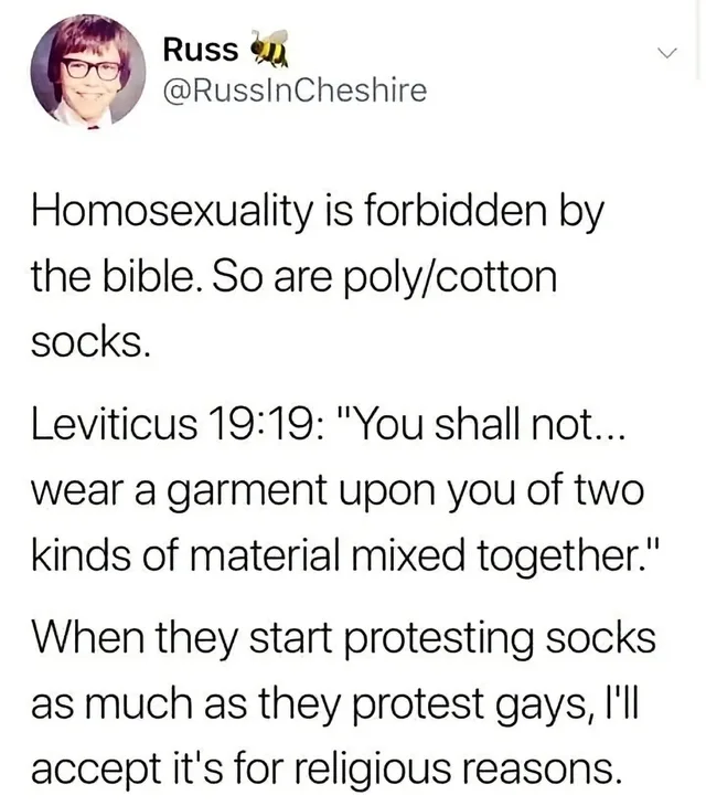 Screenshot of a tweet from Russ (@RussInCheshire), with a bee emoji and a childhood photo of a smiling boy in glasses. Text: "Homosexuality is forbidden by the bible. So are poly/cotton socks. Leviticus 19:19: "You shall not... wear a garment upon you of two kinds of material mixed together." When they start protesting socks as much as they protest gays, I'll accept it's for religious reasons."