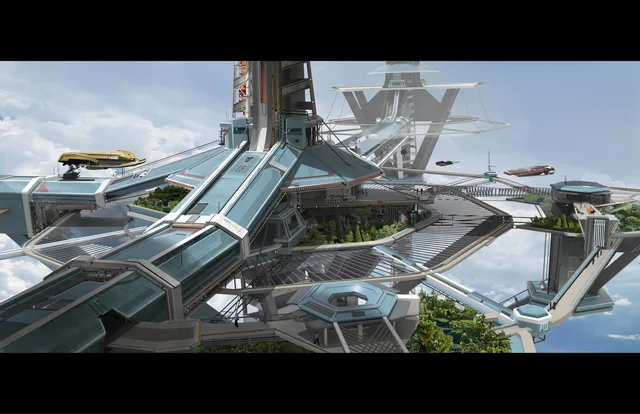 Digital concept art of a futuristic floating city in a blue sky with clouds. Pale blue-gray towers, angled walkways and an octagonal platform connect around a central spire, with green gardens and tiny people. Hovercraft fly past. The number 19 appears on the structure. Black bars frame the top and bottom.