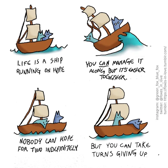 Four-panel hand-drawn comic of a blue fox and a teal fox on a brown sailing ship. Panel 1: calm sea. Caption: "LIFE IS A SHIP RUNNING ON HOPE". Panel 2: a big wave tips the ship. "YOU CAN MANAGE IT ALONE, BUT IT'S EASIER TOGETHER." Panel 3: "NOBODY CAN HOPE FOR TWO INDEFINITELY". Panel 4: "BUT YOU CAN TAKE TURNS GIVING UP". Side credit: instagram: @green_fox_blue_fox, twitter: @foxes_in_love, tumblr:…