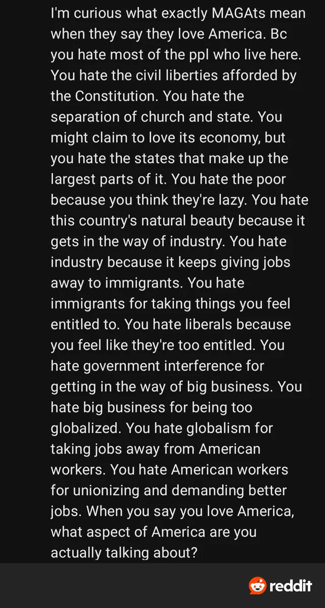 White text on a black background, captured from a Reddit post: "I'm curious what exactly MAGAts mean when they say they love America. Bc you hate most of the ppl who live here. You hate the civil liberties afforded by the Constitution. You hate the separation of church and state. You might claim to love its economy, but you hate the states that make up the largest parts of it. You hate the poor because you think…