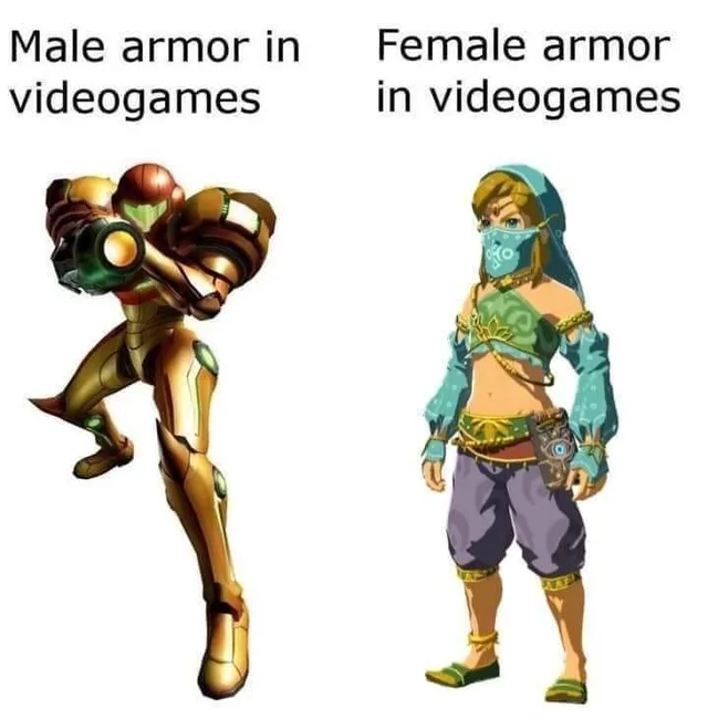 Two-panel comparison. Left, text: "Male armor in videogames" above a figure in bulky orange and gold power armor with a red helmet and an arm cannon, as worn by Samus Aran from Metroid. Right, text: "Female armor in videogames" above Link from Breath of the Wild in the teal Gerudo outfit with a face veil, crop top, and baggy purple pants.