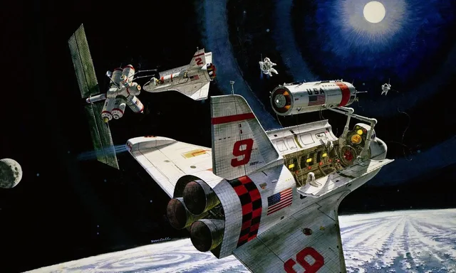 Painting of a white space shuttle numbered 9 with an open cargo bay and robotic arm holding a cylinder marked USA, above a curving Earth. A second shuttle numbered 2, a solar-paneled space station, two astronauts and the Moon float in the dark sky. Signed "mccall".