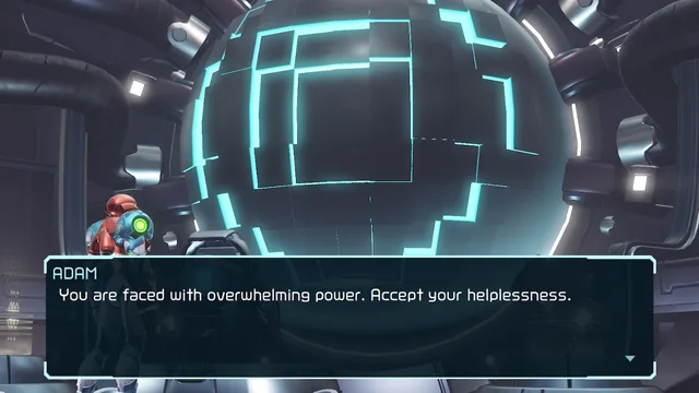 Video game screenshot of a red and blue armored character standing before a huge glowing cyan sphere in a sci-fi chamber. A dialogue box reads: "ADAM" and "You are faced with overwhelming power. Accept your helplessness."
