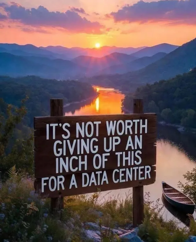 A wooden sign on a hilltop overlooks a river valley at sunset, with layered blue mountains, an orange sky, and a canoe on the water. The sign reads: "IT'S NOT WORTH GIVING UP AN INCH OF THIS FOR A DATA CENTER".