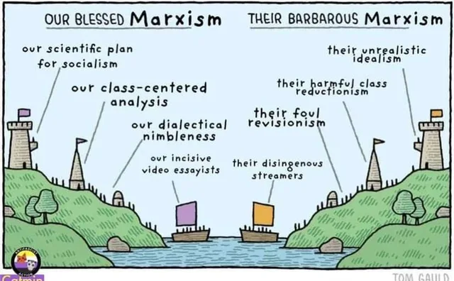 Cartoon by Tom Gauld of two grassy hills facing each other across a river, each with castle towers and a sailing ship. Left heading: "OUR BLESSED Marxism". Right heading: "THEIR BARBAROUS Marxism". Left labels: "our scientific plan for socialism", "our class-centered analysis", "our dialectical nimbleness", "our incisive video essayists". Right labels: "their unrealistic idealism", "their harmful class…