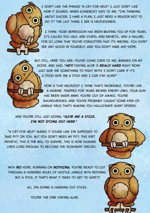 Owl comic on blue: a 'cry for help' is really someone asking for a stick to fight with, like a marine behind enemy lines. Ends: "All I'm doing is handing out sticks. You're the one staying alive."