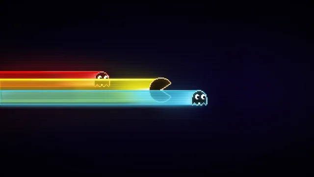 Pixel-art Pac-Man and two ghosts glow against a dark navy background, each leaving a long horizontal light streak. A red streak trails a red ghost, a yellow streak trails Pac-Man with his mouth open, and a cyan streak trails a blue ghost. No text appears.