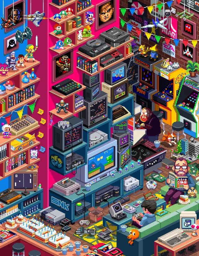 Isometric pixel art of a retro gaming room. Shelves hold game cartridges, Mario mushrooms, Sonic, Link, Pokéballs and Bomberman. Stacked CRT TVs show Mario, with an NES, SNES, PlayStation, Neo Geo and Game Boy. Arcade cabinets, an Atari poster, birthday cakes, a dog, and two men playing.