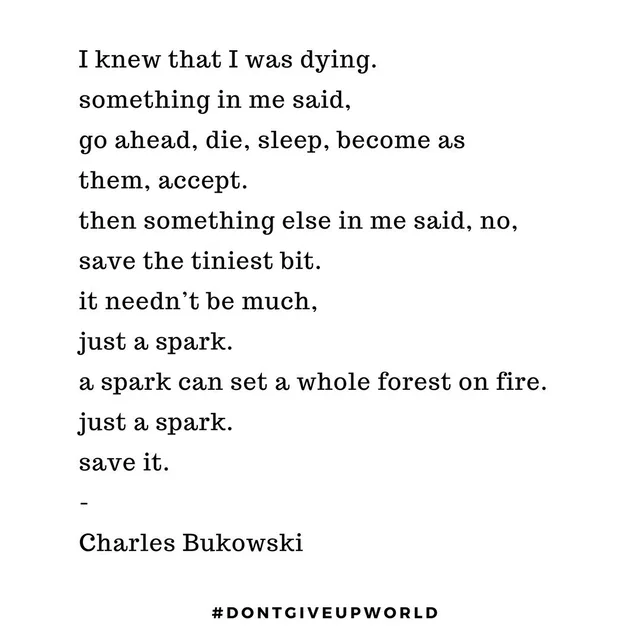Black serif text on a white background reads: "I knew that I was dying. something in me said, go ahead, die, sleep, become as them, accept. then something else in me said, no, save the tiniest bit. it needn't be much, just a spark. a spark can set a whole forest on fire. just a spark. save it. - Charles Bukowski". At the bottom: "#DONTGIVEUPWORLD".