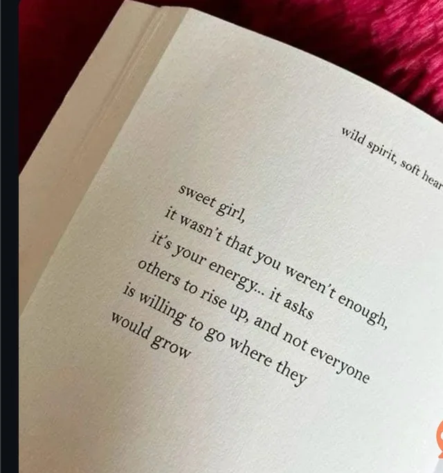 Photo of an open book on a magenta fuzzy surface. The running header reads "wild spirit, soft hear" (cut off). The poem reads: "sweet girl, it wasn't that you weren't enough, it's your energy... it asks others to rise up, and not everyone is willing to go where they would grow".