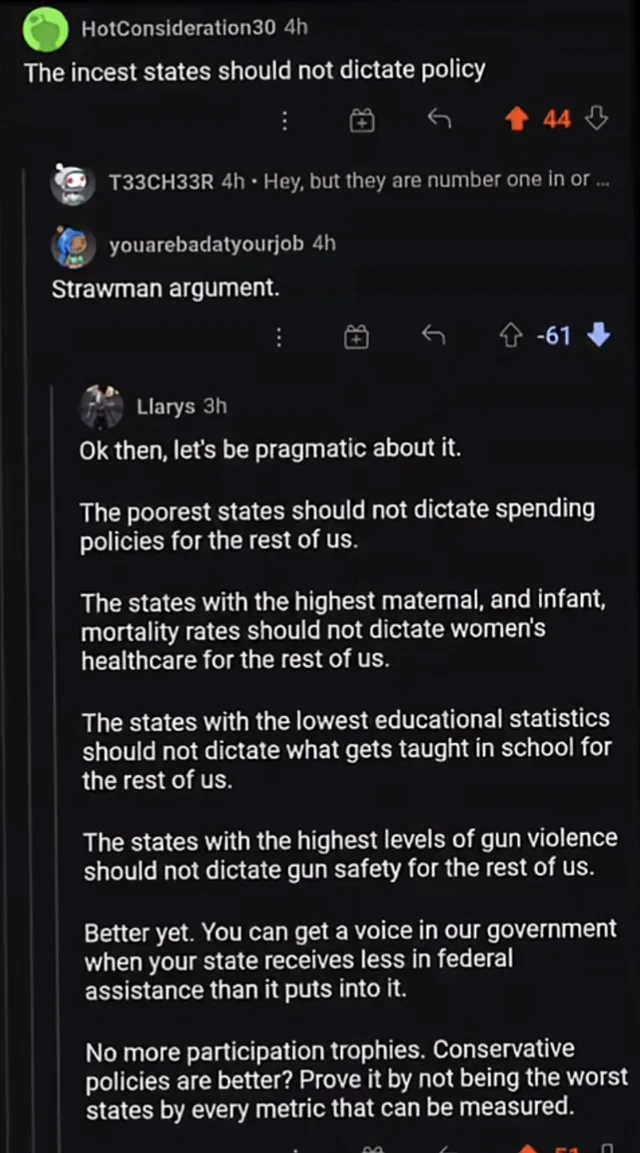 Dark-mode Reddit thread screenshot. HotConsideration30, 4h: "The incest states should not dictate policy" (44 points). Reply by T33CH33R, 4h: "Hey, but they are number one in or ...". youarebadatyourjob, 4h: "Strawman argument." (-61). Llarys, 3h: "Ok then, let's be pragmatic about it. The poorest states should not dictate spending policies for the rest of us. The states with the highest maternal, and infant,…