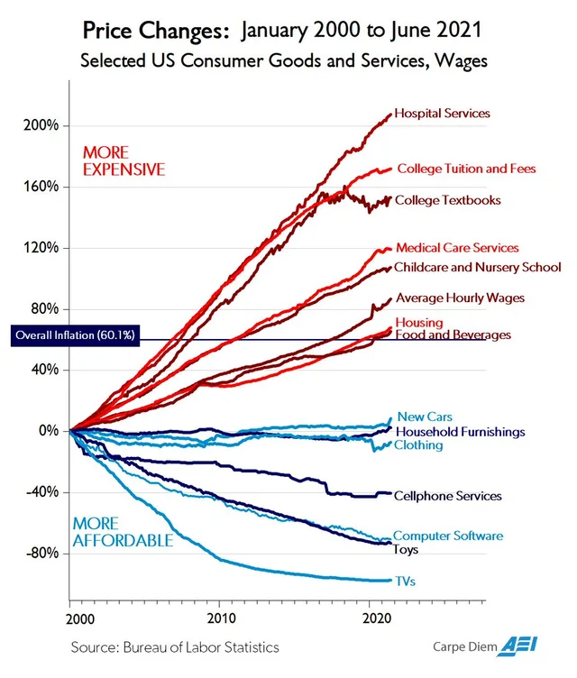 Line chart titled "Price Changes: January 2000 to June 2021. Selected US Consumer Goods and Services, Wages." A horizontal line marks "Overall Inflation (60.1%)". Red labels at top mean "MORE EXPENSIVE"; blue at bottom "MORE AFFORDABLE". Lines from highest to lowest: Hospital Services (about 207%), College Tuition and Fees, College Textbooks, Medical Care Services, Childcare and Nursery School, Average Hourly…