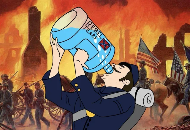Cartoon Union soldier in a blue uniform and cap tips back a huge blue jug labeled "REBEL TEARS", with a Confederate-style flag logo on it. Behind him, a painting shows a burning city and Union troops marching under American flags.