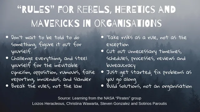 White handwritten-style text over a misty, dark forest of pine trees. Title: "Rules" for Rebels, Heretics and Mavericks in Organisations. Left column: Don't wait to be told to do something; figure it out for yourself. Challenge everything, and steel yourself for the inevitable cynicism, opposition, rumours, false reporting, innuendos, and slander. Break the rules, not the law. Right column: Take risks as a rule,…