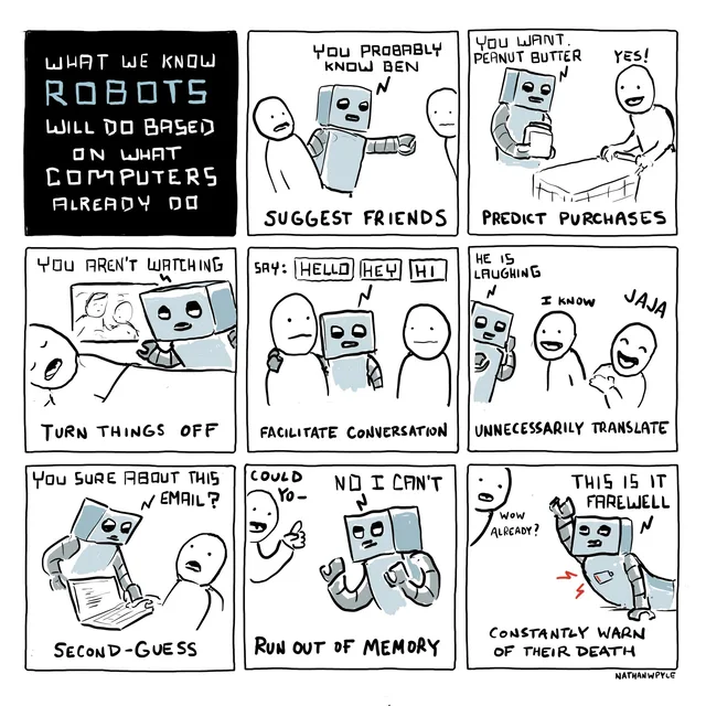 Nine-panel hand-drawn comic by NathanWPyle. Title panel: "What we know ROBOTS will do based on what computers already do". Panels show a gray robot: "You probably know Ben" - Suggest friends. "You want. Peanut butter" / "Yes!" - Predict purchases. "You aren't watching" - Turn things off. "Say: Hello, Hey, Hi" - Facilitate conversation. "He is laughing" / "I know" / "Jaja" - Unnecessarily translate. "You sure about…