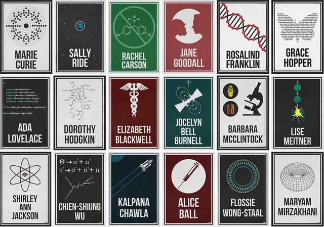 Grid of eighteen minimalist posters, each with a simple icon and a name: Marie Curie, Sally Ride, Rachel Carson, Jane Goodall, Rosalind Franklin, Grace Hopper, Ada Lovelace, Dorothy Hodgkin, Elizabeth Blackwell, Jocelyn Bell Burnell, Barbara McClintock, Lise Meitner, Shirley Ann Jackson, Chien-Shiung Wu, Kalpana Chawla, Alice Ball, Flossie Wong-Staal, Maryam Mirzakhani.