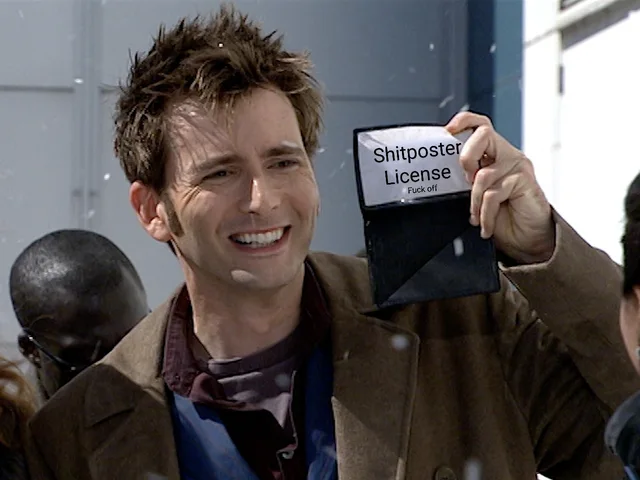 A smiling man with spiky brown hair and a brown coat holds up a black wallet with a paper inside reading "Shitposter License" in large text and, below it in small text, "Fuck off". Snow falls around him.
