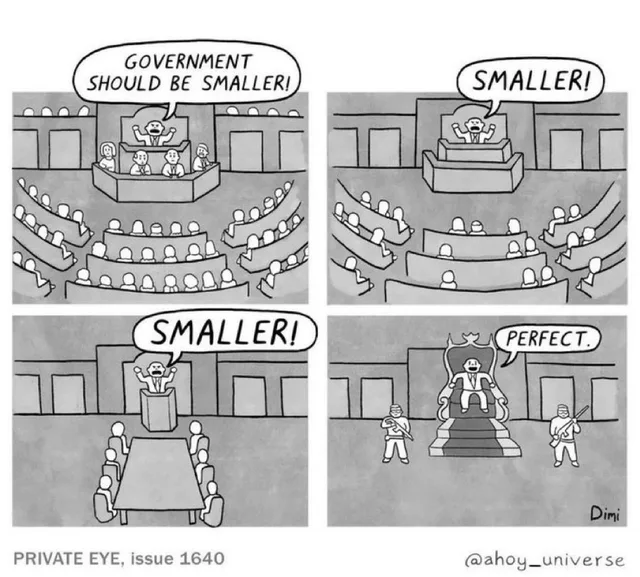 Four-panel gray cartoon. Panel 1: a man shouts from a legislative podium surrounded by lawmakers and packed benches: "GOVERNMENT SHOULD BE SMALLER!" Panel 2: fewer people, same man: "SMALLER!" Panel 3: a lone podium and a small table: "SMALLER!" Panel 4: he sits on a throne guarded by armed men: "PERFECT." Signed Dimi. Caption: PRIVATE EYE, issue 1640, @ahoy_universe
