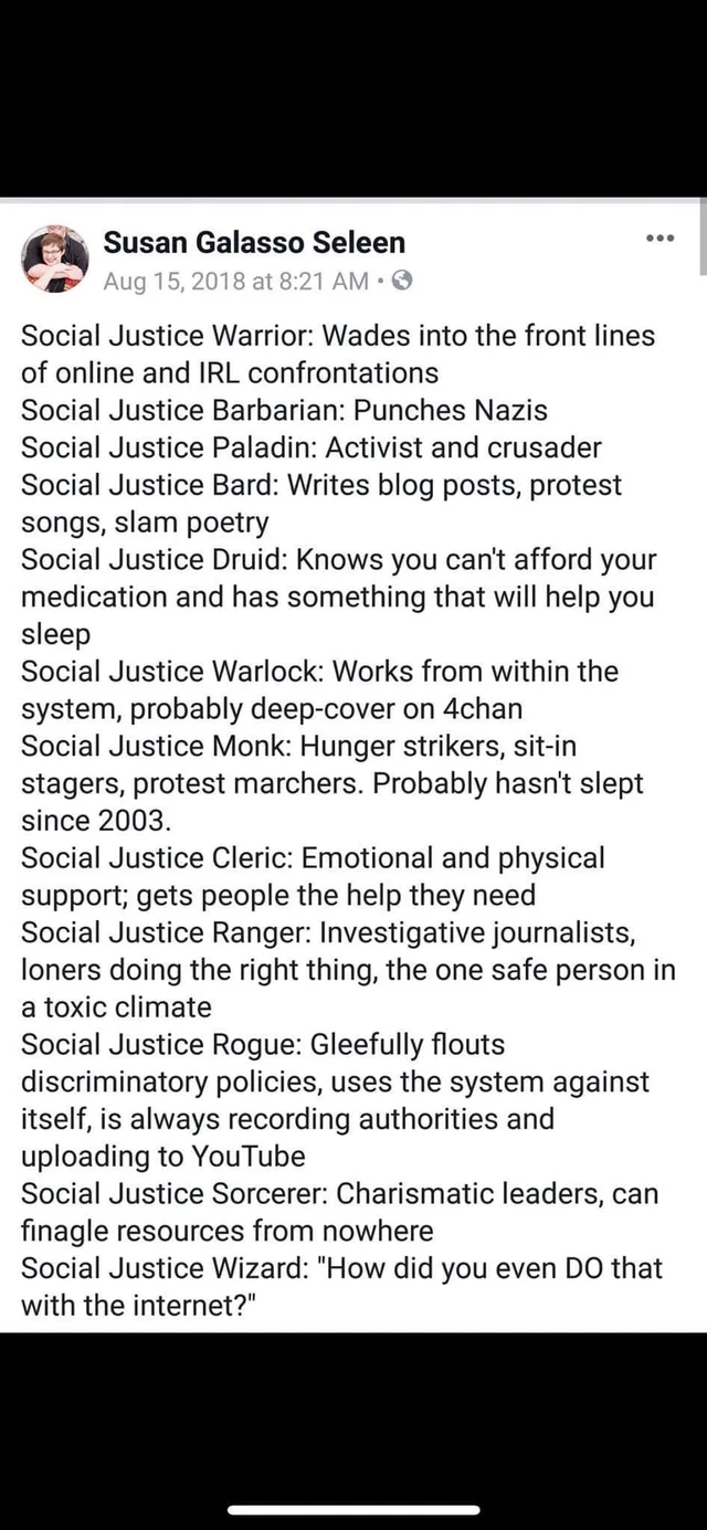 Screenshot of a Facebook post by Susan Galasso Seleen, Aug 15, 2018 at 8:21 AM. It lists: Social Justice Warrior: Wades into the front lines of online and IRL confrontations. Social Justice Barbarian: Punches Nazis. Social Justice Paladin: Activist and crusader. Social Justice Bard: Writes blog posts, protest songs, slam poetry. Social Justice Druid: Knows you can't afford your medication and has something that…
