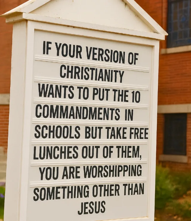 A white church message board in front of a red brick building, with black letters reading: "IF YOUR VERSION OF CHRISTIANITY WANTS TO PUT THE 10 COMMANDMENTS IN SCHOOLS BUT TAKE FREE LUNCHES OUT OF THEM, YOU ARE WORSHIPPING SOMETHING OTHER THAN JESUS"
