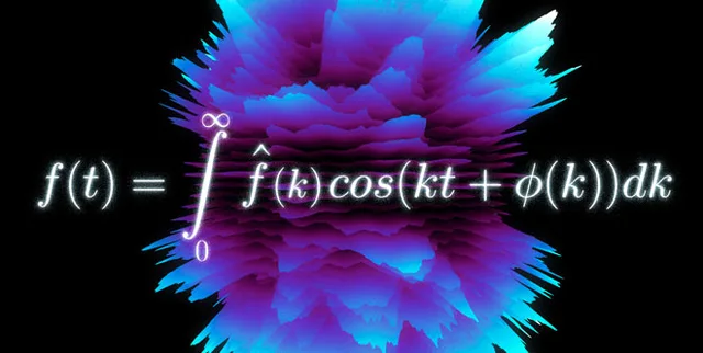 Glowing white equation over a spiky 3D purple and cyan plot on black: f(t) = integral from 0 to ∞ of f-hat(k) cos(kt + φ(k)) dk.