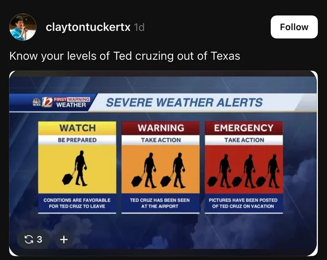 Social media post by claytontuckertx: "Know your levels of Ted cruzing out of Texas". Below is a TV weather graphic with WXII 12 First Warning Weather logo and title "SEVERE WEATHER ALERTS". Three panels: yellow "WATCH, BE PREPARED" shows one silhouette of a man pulling a suitcase: "CONDITIONS ARE FAVORABLE FOR TED CRUZ TO LEAVE". Orange "WARNING, TAKE ACTION" shows two silhouettes: "TED CRUZ HAS BEEN SEEN AT THE…