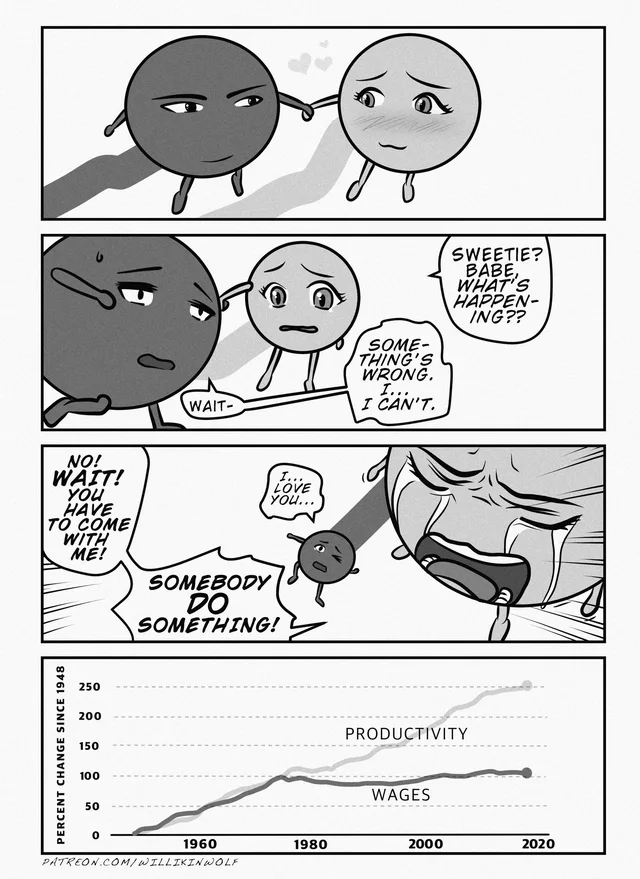 Four-panel black-and-white comic. Panel 1: a dark round character with a smug look holds hands with a lighter blushing round character, hearts floating above. Panel 2: the light one, teary, says "SWEETIE? BABE, WHAT'S HAPPEN-ING??" and "SOME-THING'S WRONG. I... I CAN'T." The dark one says "WAIT-". Panel 3: the dark one shrinks and drifts away saying "I... LOVE YOU..." while the light one wails: "NO! WAIT! YOU HAVE…