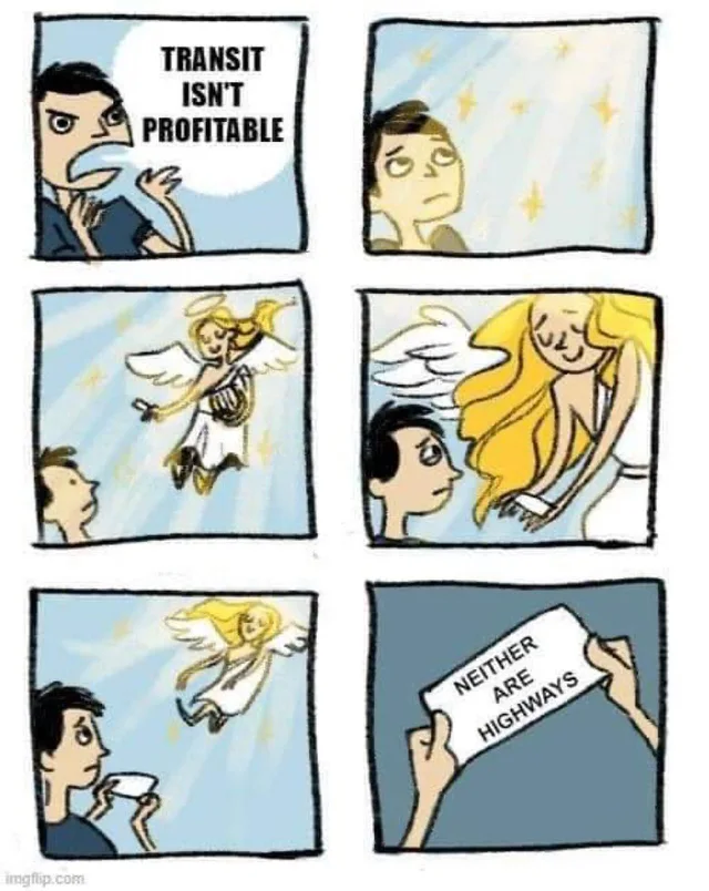 Six-panel comic. A scowling man says in a speech bubble, "TRANSIT ISN'T PROFITABLE". He looks up at glowing stars, and a blonde angel descends and hands him a slip of paper. He holds it, and the paper reads "NEITHER ARE HIGHWAYS". Imgflip.com watermark at the bottom.