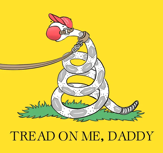 Cartoon of a coiled rattlesnake on a yellow background, standing on green grass. It wears a red cap with partly visible white text "E AMERICA" and "EAT AGAIN", a red ball gag, and a collar with a chain leash. Caption: "TREAD ON ME, DADDY".