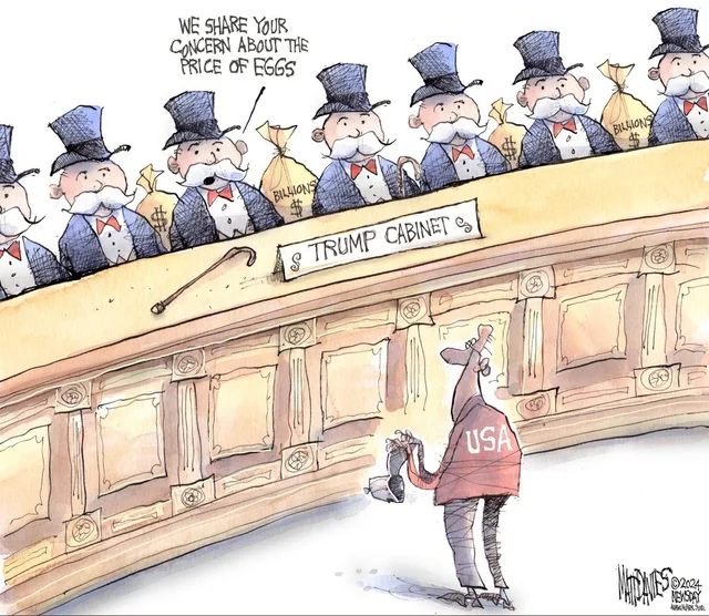 Editorial cartoon: a row of identical Monopoly-style tycoons in top hats, mustaches and red bow ties lean over a wooden balcony labeled "TRUMP CABINET", beside money bags marked "BILLIONS $". One says, "WE SHARE YOUR CONCERN ABOUT THE PRICE OF EGGS". Below, a thin figure in a sweater reading "USA" holds a cup. Signed Matt Davies, ©2024 Newsday.