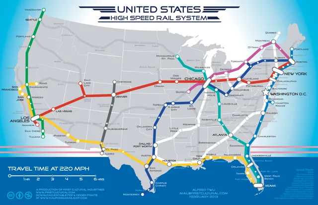 Subway-style map of the continental US titled "United States High Speed Rail System" with colored lines linking cities from Vancouver and Seattle to Miami, including Los Angeles, Chicago, New York, Washington D.C., Atlanta, Dallas/Fort Worth and Houston. A legend reads "Travel time at 220 mph" with a 0 to 6 hour scale. Credit: Alfred Twu, February 2013.