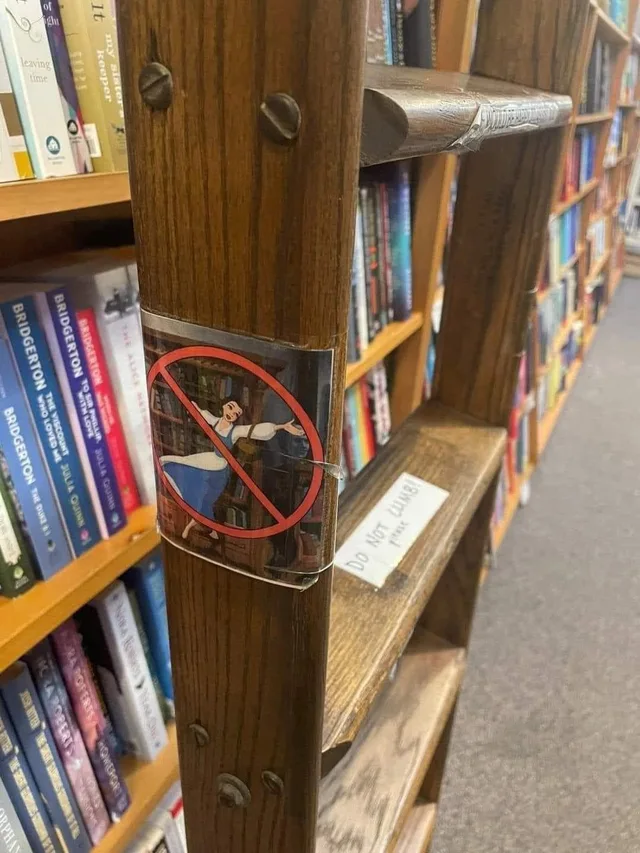 A wooden rolling library ladder in a bookstore, with a taped-on sign showing Belle from Beauty and the Beast in her blue dress, arm outstretched, sliding on a ladder in a library, covered by a red prohibition circle. A white sign on a rung reads "DO NOT CLIMB! please". Shelves of books, including Bridgerton novels, surround it.