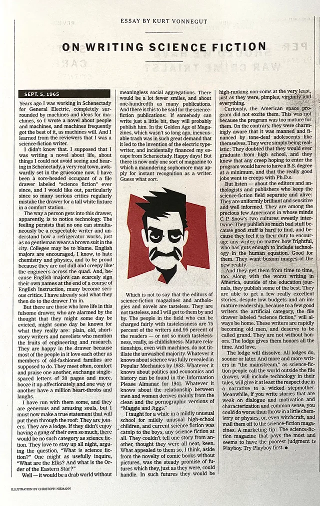 Scan of a magazine page headed "Essay by Kurt Vonnegut" with the title "On Writing Science Fiction" and a black label reading "Sept. 5, 1965". The essay runs in three columns of small print. In the middle is a stylized illustration of a scowling mustached man with spiky black hair against a red shape. Credit reads "Illustration by Christoph Niemann".