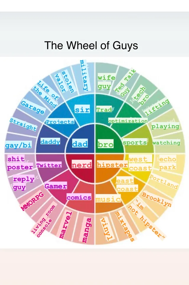 A circular color-coded wheel chart titled "The Wheel of Guys" with four quadrants. Blue: dad, daddy, sir, Projects, Straight, gay/bi, Garage, Life of the Mind, stolen valor, military. Green: bro, Trad, sports, optimization, wife guy, Ted Talk Guy, tech bro, lifting, playing, watching. Purple/red: nerd, Twitter, Gamer, comics, shit poster, reply guy, MMORPG, living room console, marvel, manga. Orange: hipster, west…