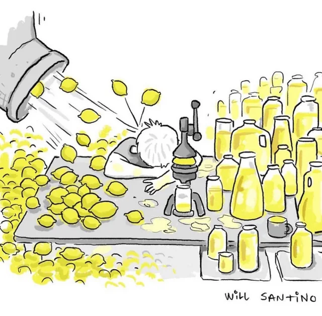 Cartoon of a person with light hair slumped face-down on a table, exhausted, while a huge bucket dumps a stream of lemons onto them. A hand juicer and piles of lemons sit on the table, and rows of jars, jugs and bottles of lemonade fill the right side. Signature: Will Santino.