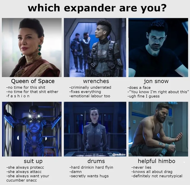A six-panel grid titled "which expander are you?" Each panel shows a TV still of a character with a caption. Top row: "Queen of Space" (-no time for this shit -no time for that shit either -f a s h i o n); "wrenches" (-criminally underrated -fixes everything -emotional labour too); "jon snow" (-does a face -"You know I'm right about this" -ugh fine I guess). Bottom row: "suit up" (-she always protecc -she always…