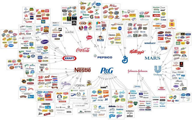 Large web-style diagram of brand logos grouped in boxes with arrows labeled $$$ pointing to ten parent companies: Kraft, Nestlé, Coca-Cola, PepsiCo, P&G, General Mills, Kellogg's, Mars, Johnson & Johnson and Unilever.