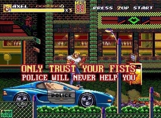Screenshot from a Sega Genesis beat-'em-up game: a blond fighter in red boxing gloves stands on the roof of a blue police car on a city street at night. Hud text: "AXEL", "x3", "TIME 99", "PRESS 2UP START". Caption: "ONLY TRUST YOUR FISTS. POLICE WILL NEVER HELP YOU".