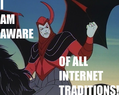 Cartoon screenshot of a pale villain in a red hooded cowl with a curved horn, black cape and large bat wings, raising a fist against a dusk sky. White text reads: "I AM AWARE OF ALL INTERNET TRADITIONS!"
