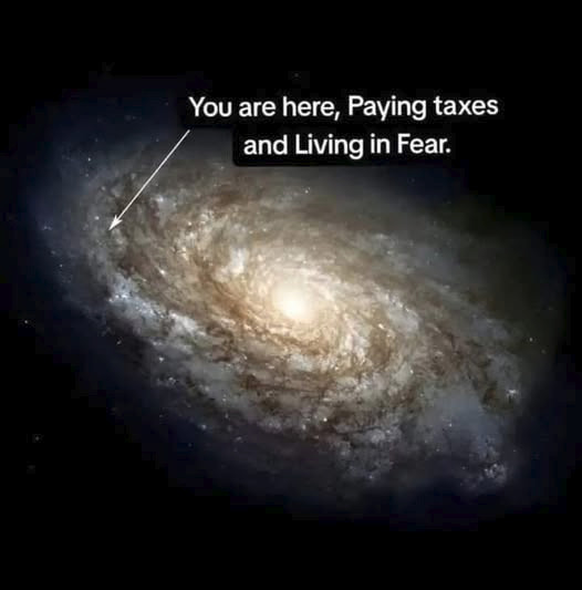 A spiral galaxy glowing against black space, with a thin white arrow pointing to a spot on one outer arm. The caption reads: "You are here, Paying taxes and Living in Fear."