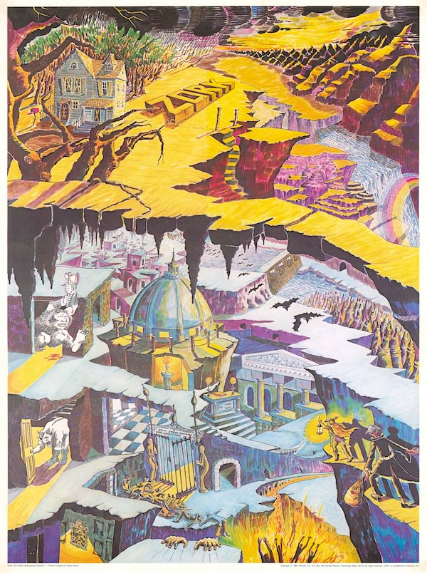 Colorful illustrated poster of the Great Underground Empire from the text adventure Zork. At top, a gray house sits on a yellow plateau beside a mailbox and gnarled trees, with block letters spelling ZORK on the ground. Below, cavern ruins with a domed building, columns, bats, a troll with an axe, a white bear, and cloaked adventurers.